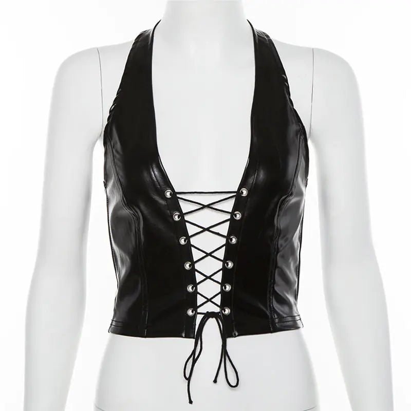 Crop Top with Neck Tie, Women's PU Vest - MetroGrit