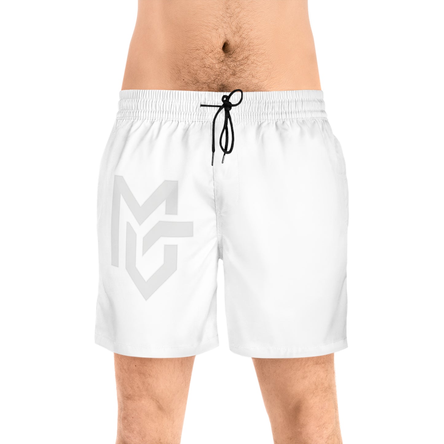White Logo Swim Shorts — Men's Mid - Length Beach Trunks with Subtle MG Emblem - MetroGrit