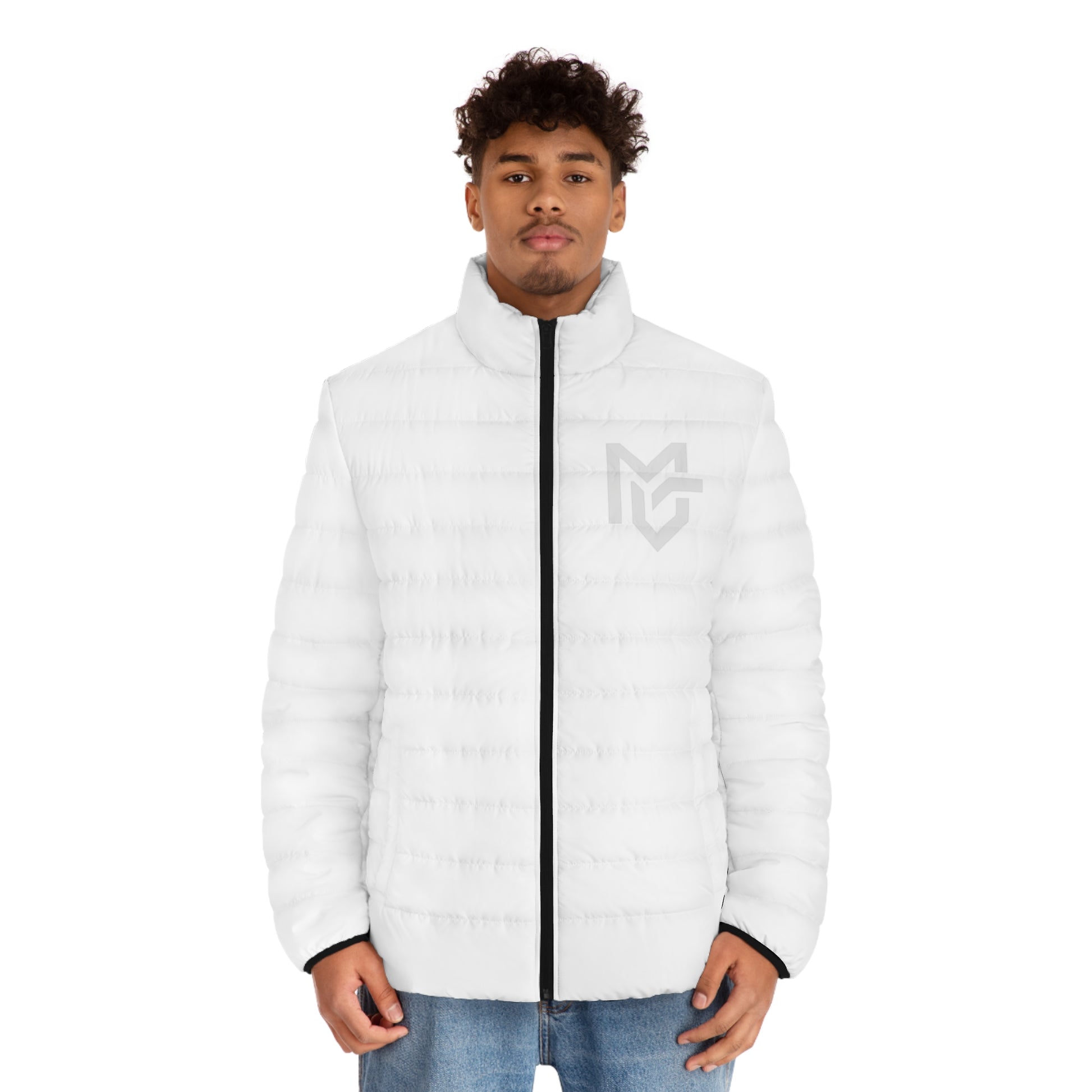 Men's White Puffer Jacket with Subtle Logo — Lightweight Quilted Coat - MetroGrit