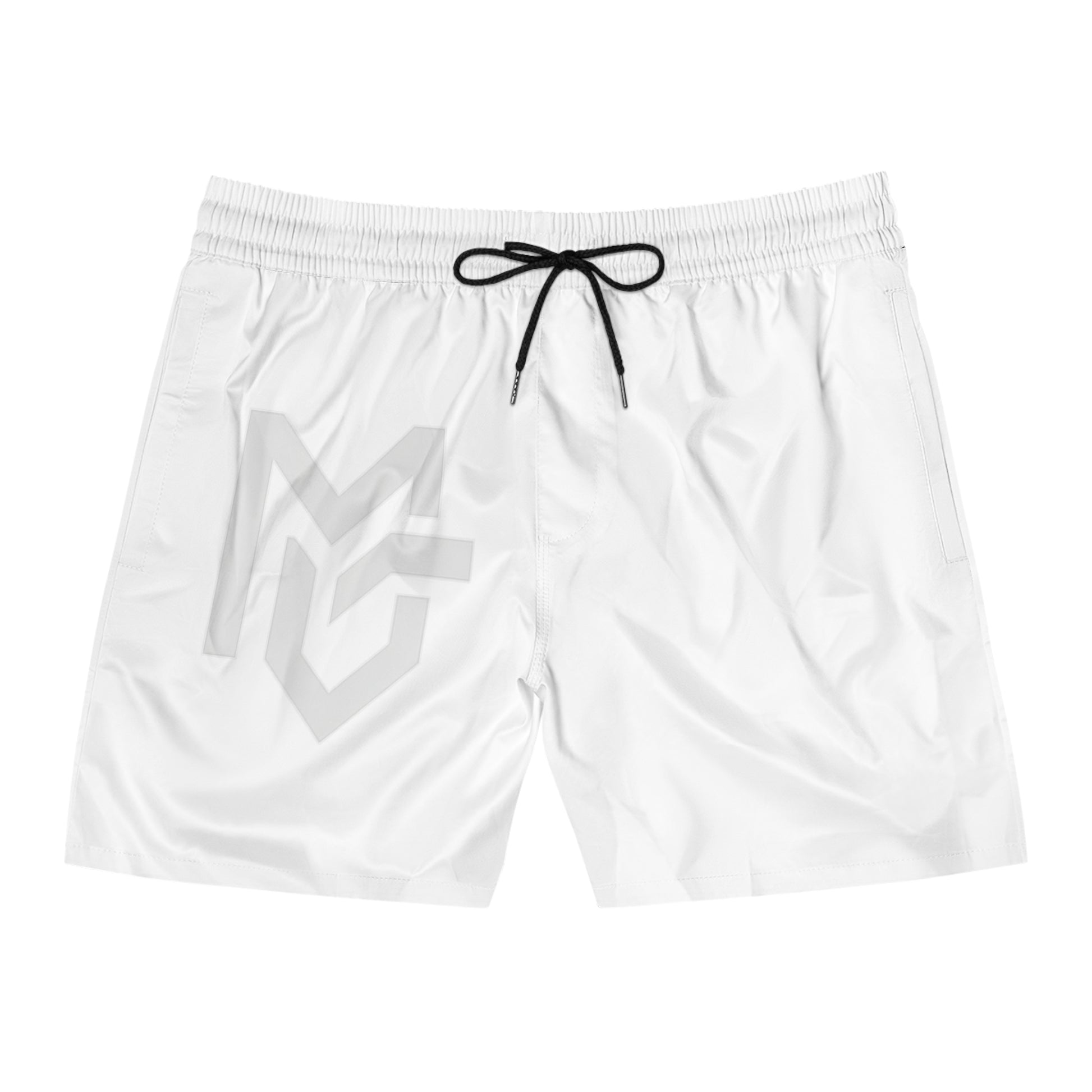 White Logo Swim Shorts — Men's Mid - Length Beach Trunks with Subtle MG Emblem - MetroGrit
