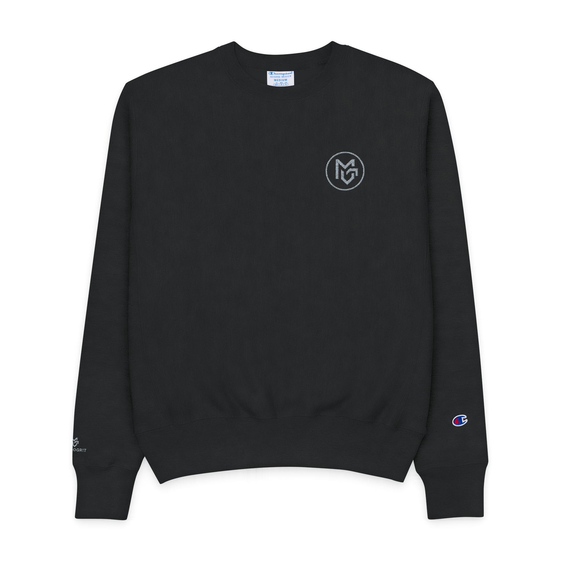 Minimal Black Champion Crewneck Sweatshirt with Small Chest Logo - MetroGrit