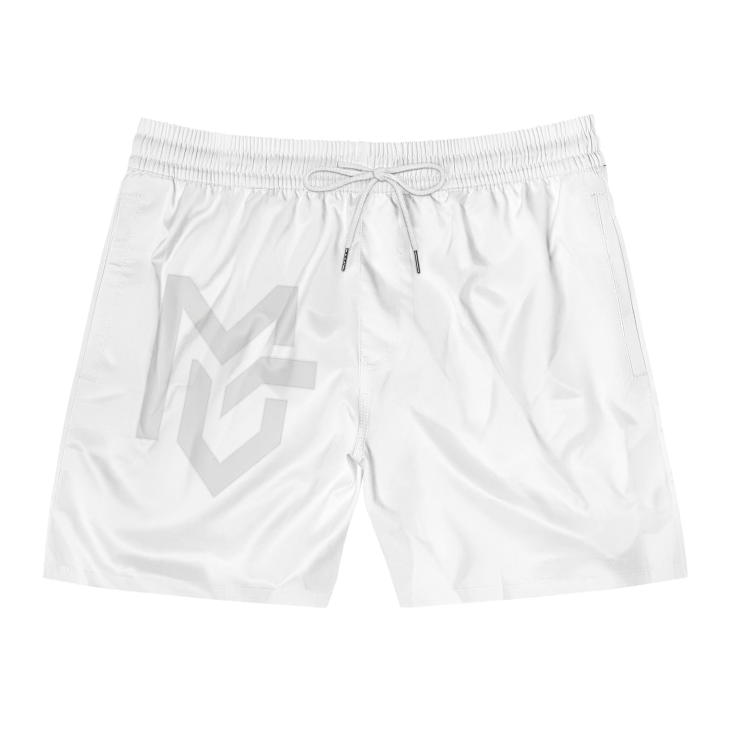 White Logo Swim Shorts — Men's Mid - Length Beach Trunks with Subtle MG Emblem - MetroGrit