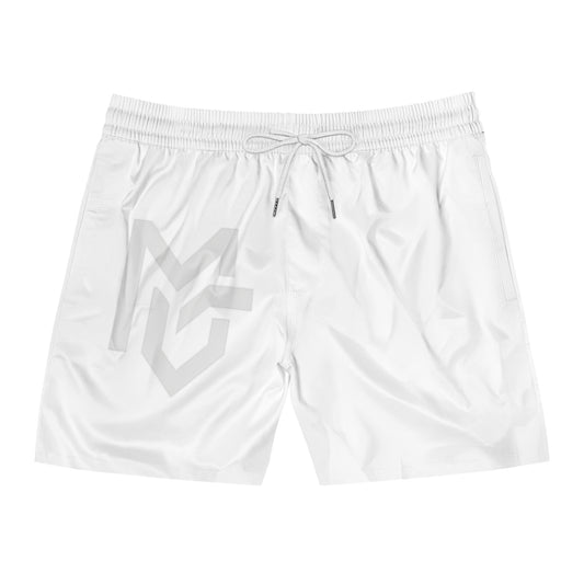 White Logo Swim Shorts — Men's Mid - Length Beach Trunks with Subtle MG Emblem - MetroGrit