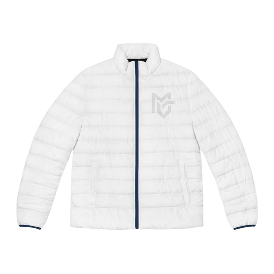Men's White Puffer Jacket with Subtle Logo — Lightweight Quilted Coat - MetroGrit
