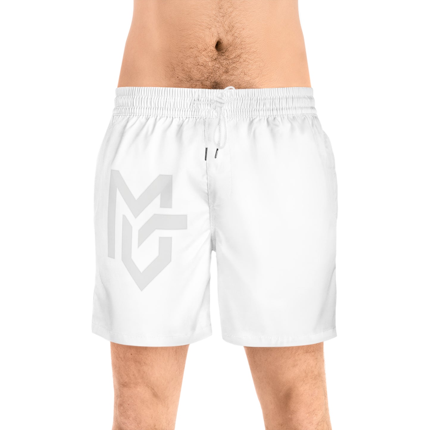 White Logo Swim Shorts — Men's Mid - Length Beach Trunks with Subtle MG Emblem - MetroGrit