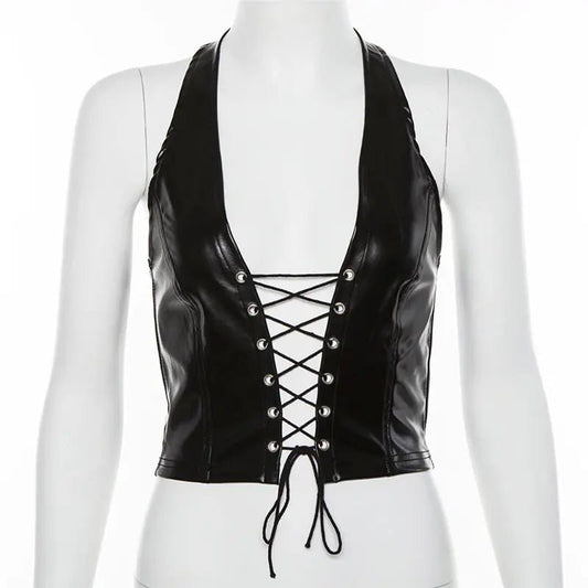 Crop Top with Neck Tie, Women's PU Vest