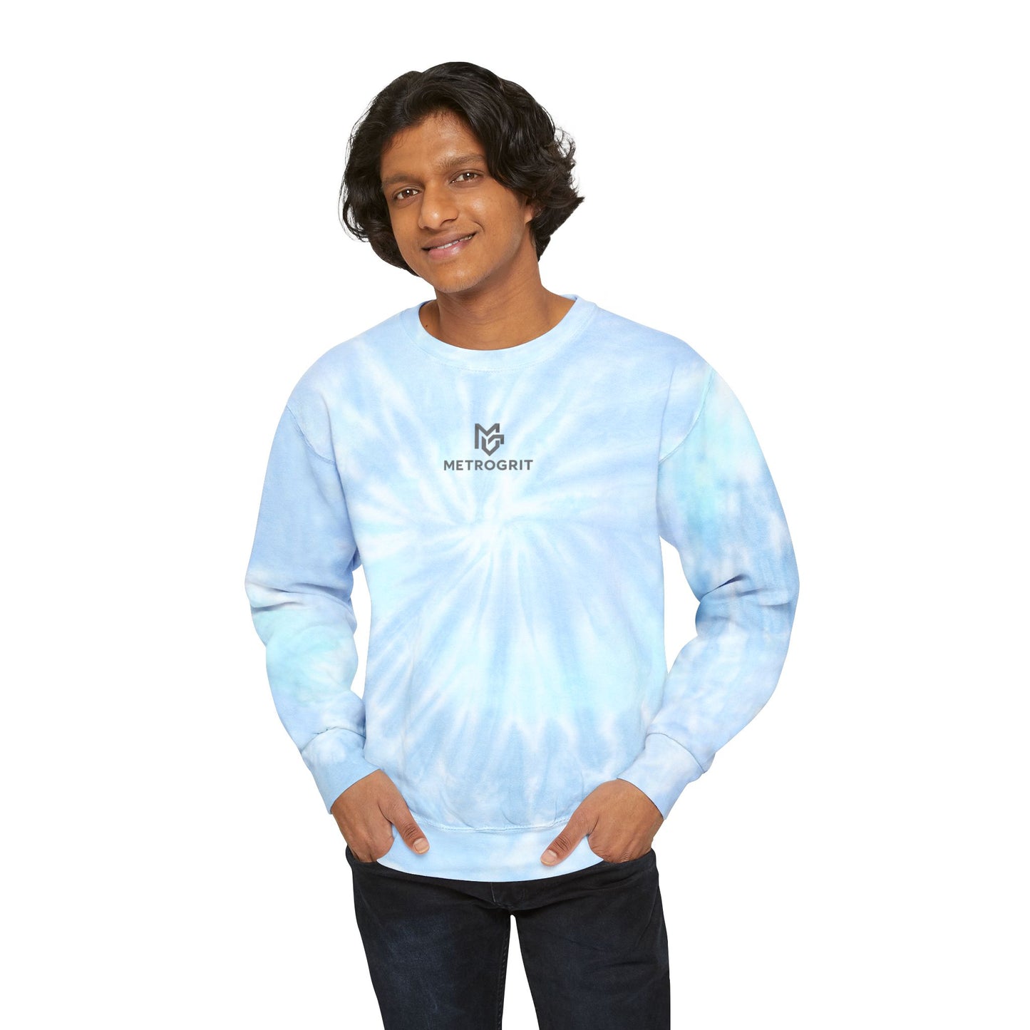 Pastel Blue Tie - Dye Sweatshirt — 'METROGRIT' Logo Crewneck - MetroGrit