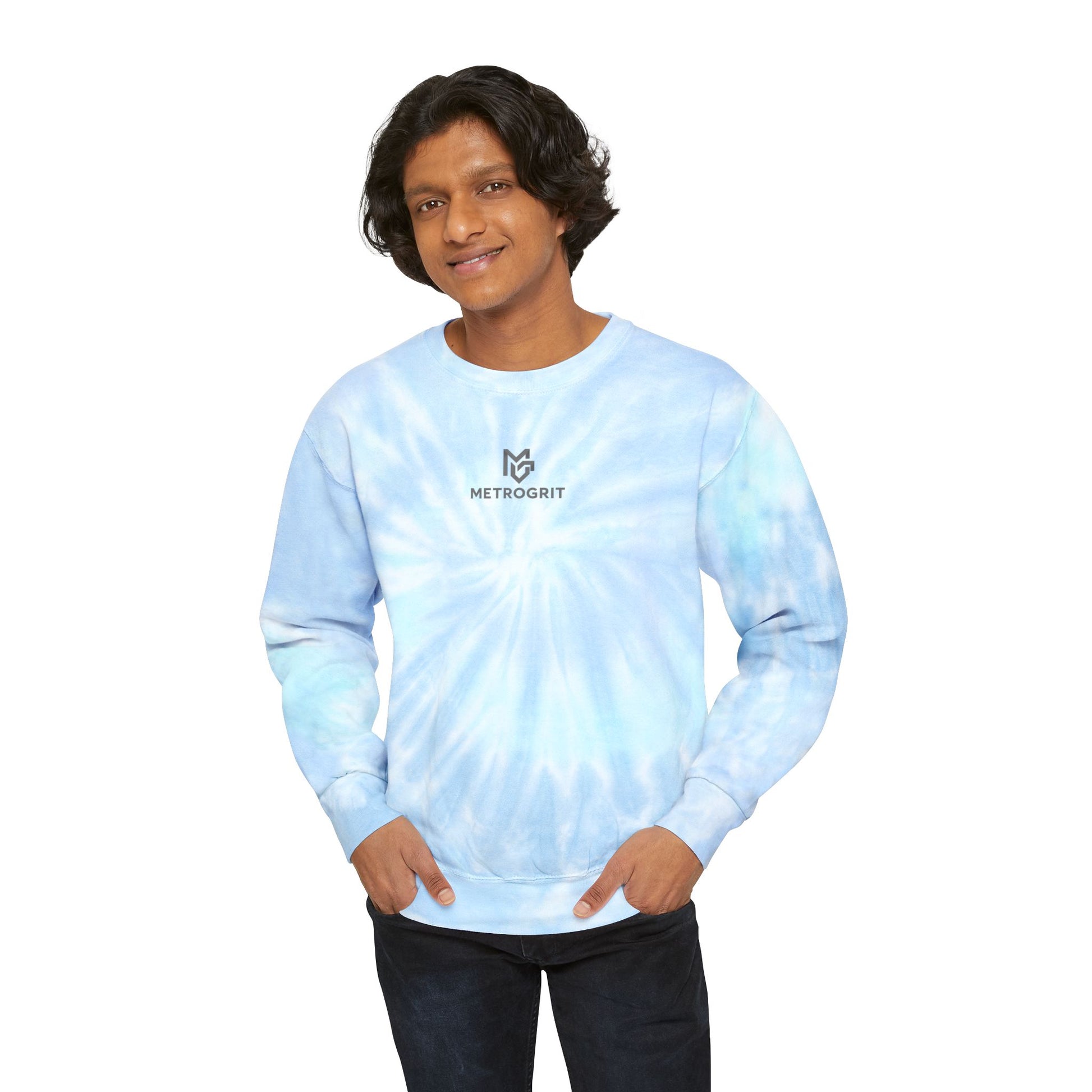Pastel Blue Tie - Dye Sweatshirt — 'METROGRIT' Logo Crewneck - MetroGrit