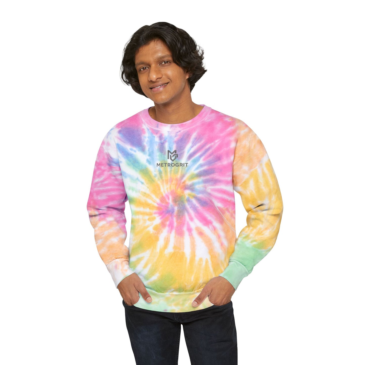 Pastel Blue Tie - Dye Sweatshirt — 'METROGRIT' Logo Crewneck - MetroGrit
