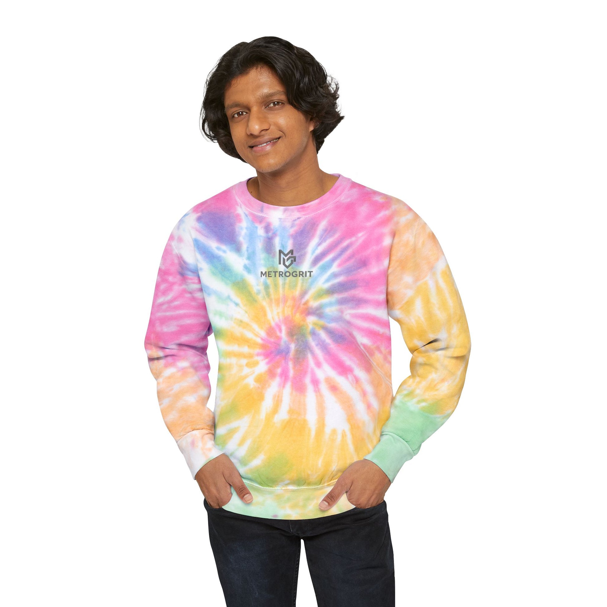 Pastel Blue Tie - Dye Sweatshirt — 'METROGRIT' Logo Crewneck - MetroGrit