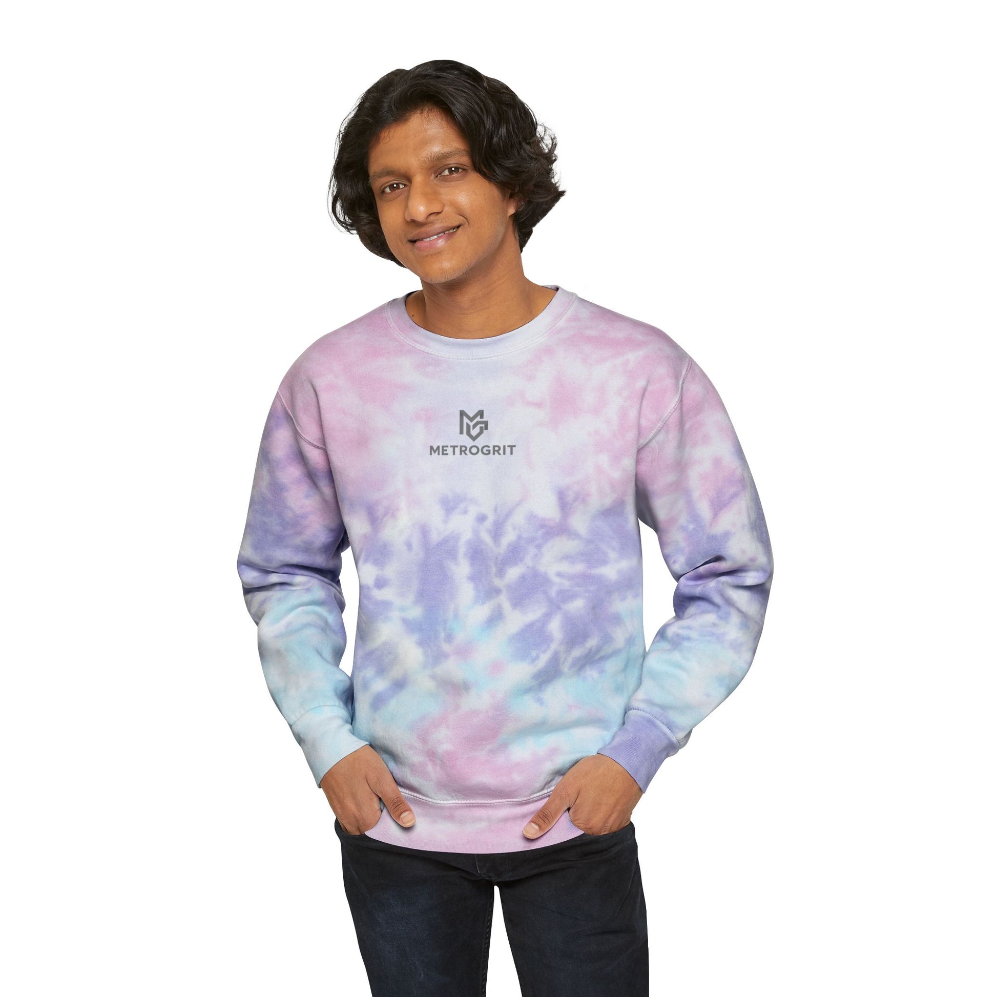 Pastel Blue Tie - Dye Sweatshirt — 'METROGRIT' Logo Crewneck - MetroGrit