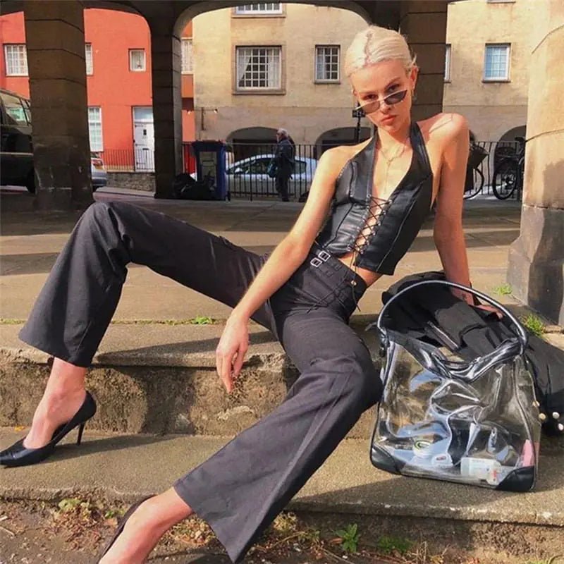 Crop Top with Neck Tie, Women's PU Vest - MetroGrit